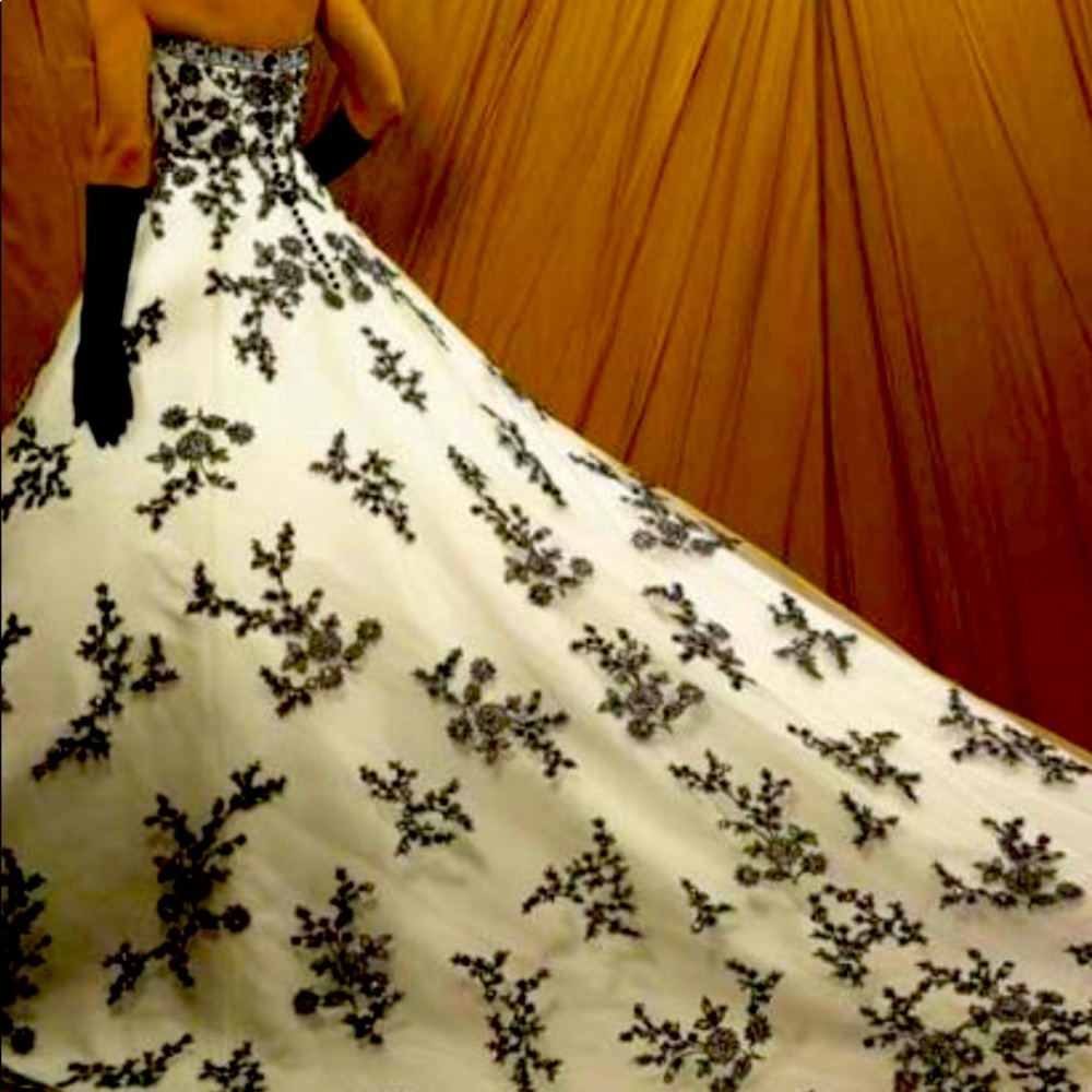 Christina Wu strapless black and white wedding gown with flower details